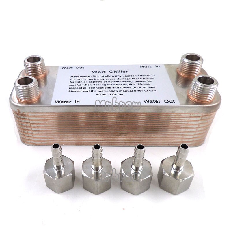Homebrew Beer 20 Plates Wort Chiller,Plate Heat Exchanger,Stainless Steel 304, 1/2" NPT barb Brewing Chiller with 4pcs Hose Barb