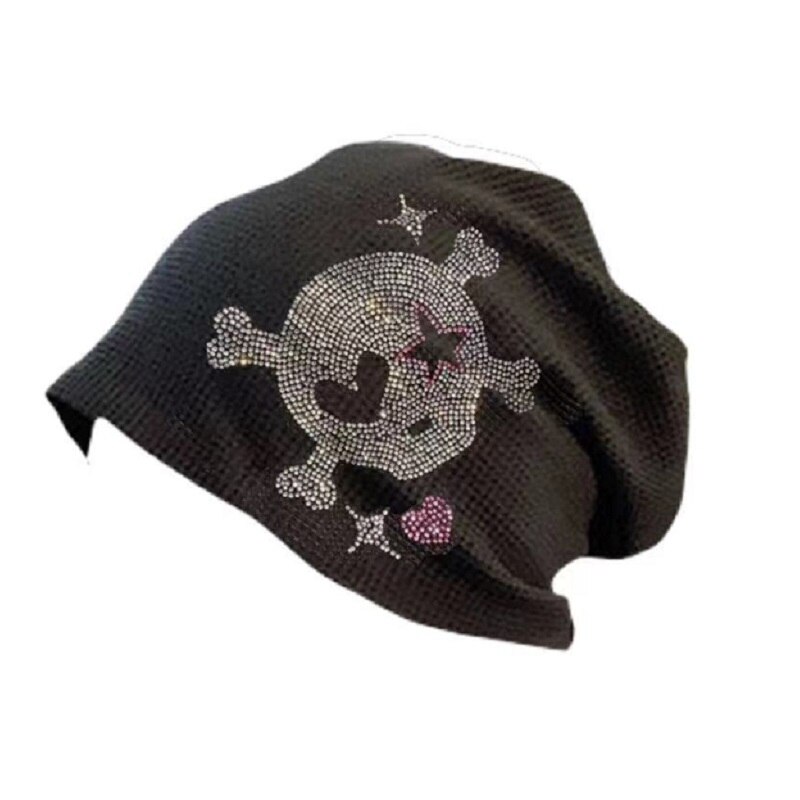 Bonnet Harajuku gothique Punk avec strass, noir, tricoté, Streetwear pour femmes et filles, Rock décontractée