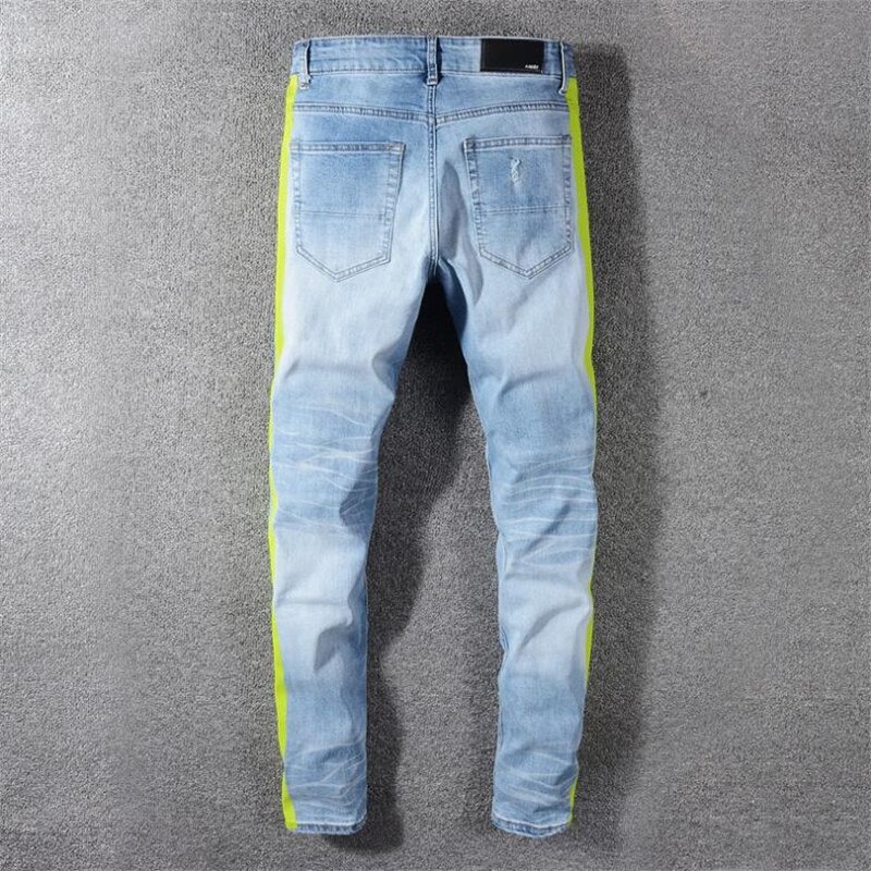 Mænds neon gul farve linjer patchwork rippet jeans huller ødelagt denim stretch bukser