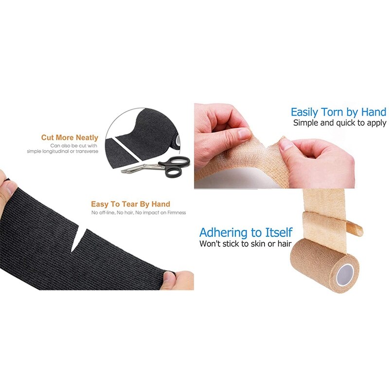 6x Self Adhesive Bandage Wrap, Cohesive Tape ( 7.5X450cm)-Black & 6x First Aid Self Adhesive Cohesive Bandage, 10X450cm