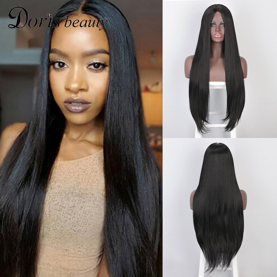 Doris Beauty Wigs Long Straight Middle Part Lace Wig Black/Blond/Red/Brown Synthetic Wigs for Women Fiber Natural Looking Wig