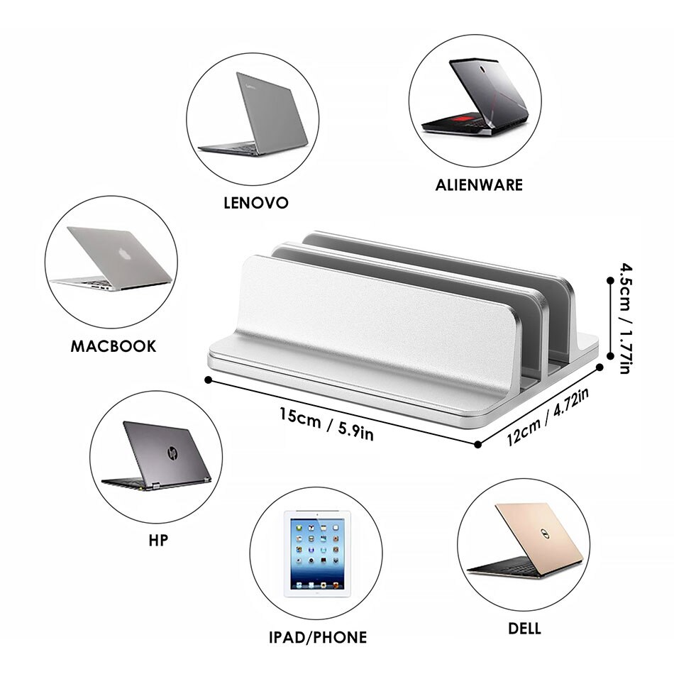 ET Double Desktop Stand Holder for MacBook Thinkpad iPad Aluminum Desk Mounted Vertical Laptop Tablet Stand with Adjustable Dock