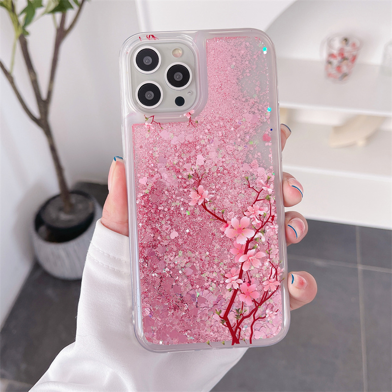 Pink Peach Blossom Quicksand Case for iphone 16 15 14 13 Pro Max 12 Love Hearts Sparkles Liquid Cover Up Down Flowers Funda Capa: For iPhone 16 Pro / black