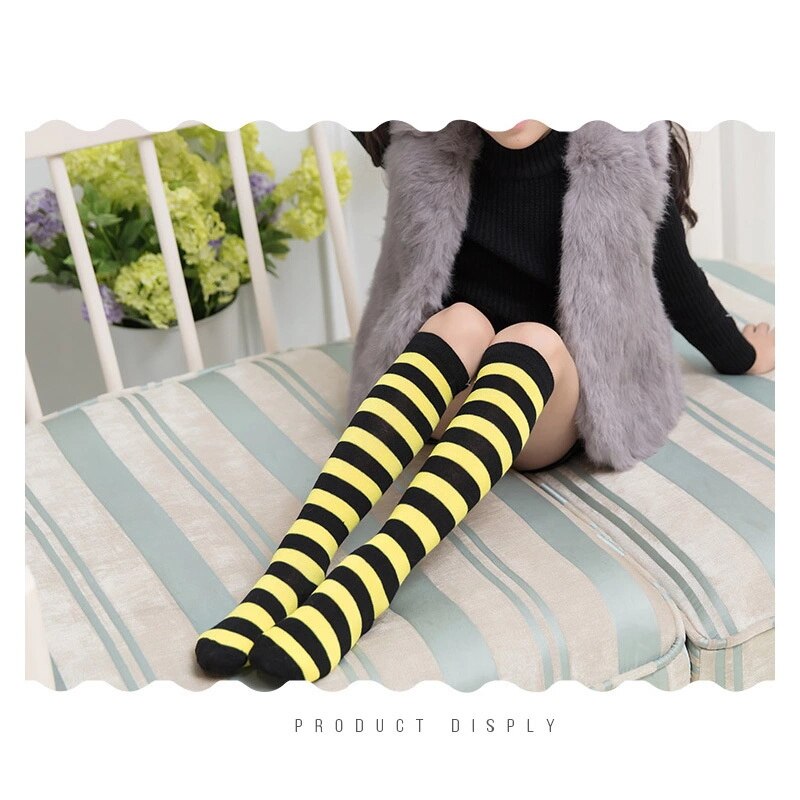 5 Colors Summer Girls Thin Knee High Socks for Children 3-6Y Red and White Striped Tube Long Socks Kids: Yellow Black Stripes