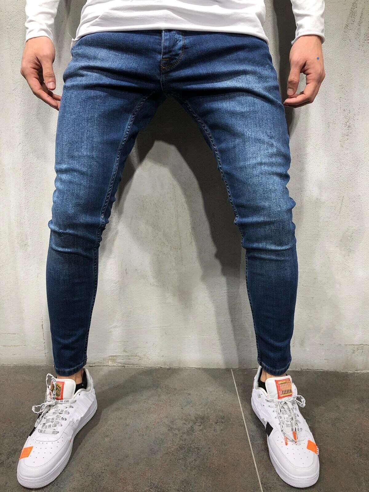 Jeans Men Elastic Waist Skinny Jeans Men Stretch Ripped Pants Streetwear Mens Denim Jeans Blue: Dark blue / L