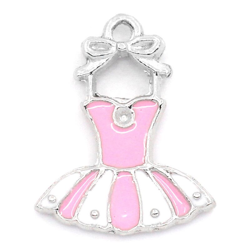 Doreen-caja de colgantes para vestido, Color plateado, esmalte Rosa Blanco, 21x16mm,10 unidades (B23486)