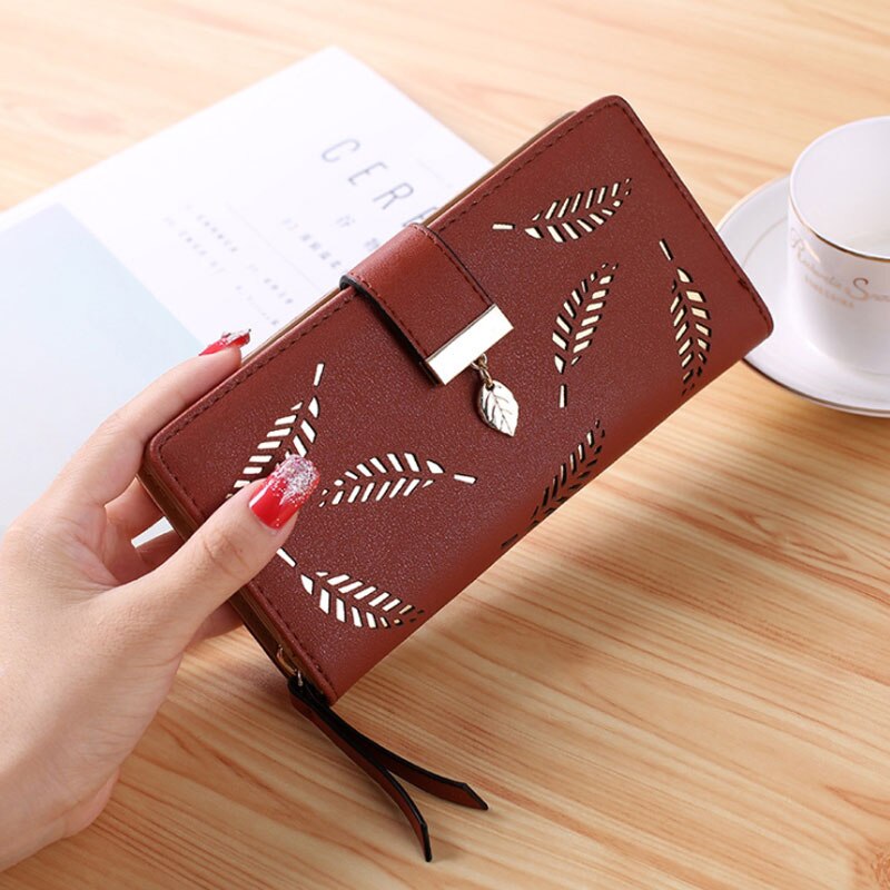 Cartera de cuero con cremallera de para mujer, Cartera de lujo para mujer, pequeña cartera femenina, hojas huecas para tarjetas de crédito: Coffee Long