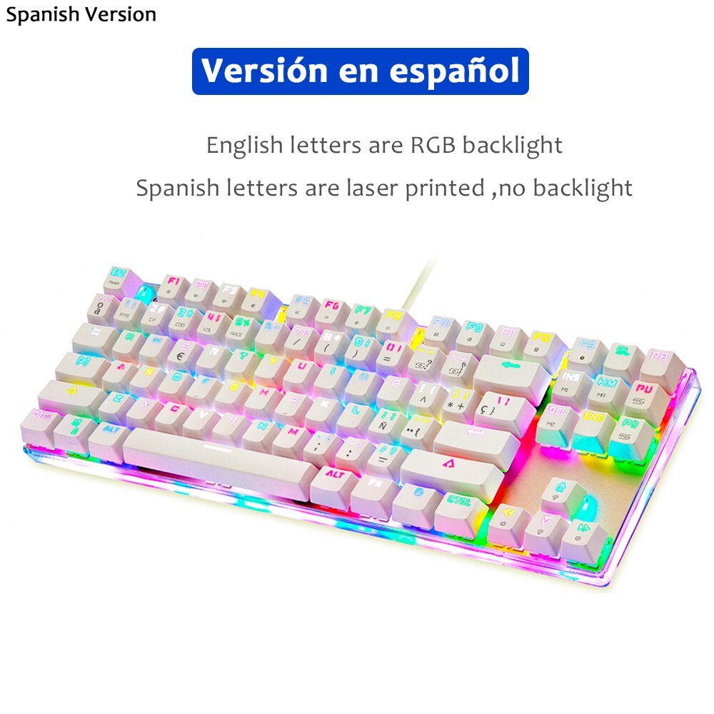 Original Motospeed K87S Gaming keyboards RGB Backlight Blue Red switch Mechanical Keyboard 87 Key for Gamer Russian Hebrew: Spanish / Blue Switch