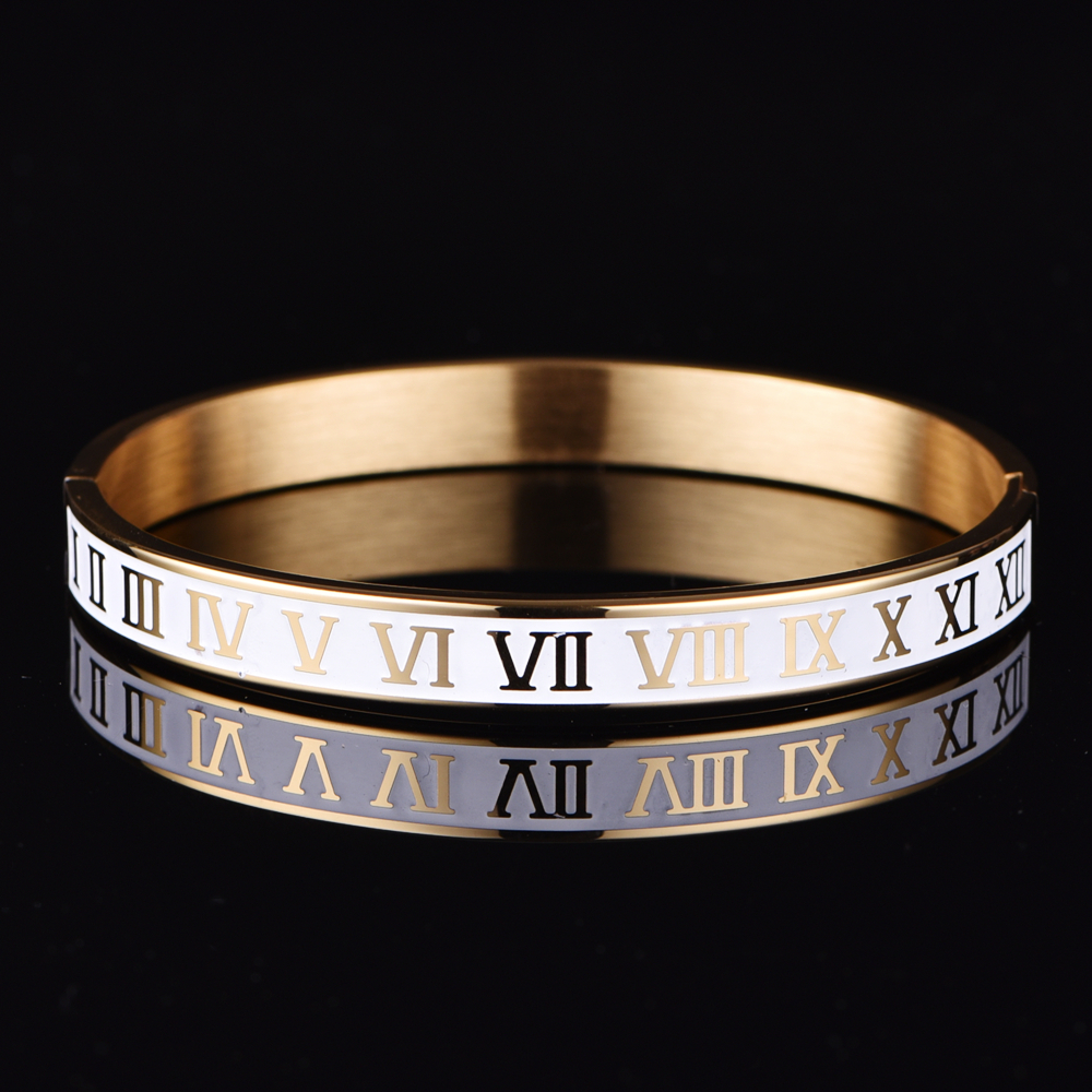Cuff Bracelet Bangle Stainless Steel Bracelet Enamel Carving Roman Numeral Couple Roman Bangle For Men Women Jewelry: Pure Gold Color