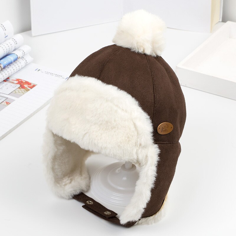 Suede Oorbeschermers Baby Hoed Bont Pompom Baby Jongen Meisje Beanie Leuke Verdikking Warm Pluche Cap Kinderen Hoeden: coffee