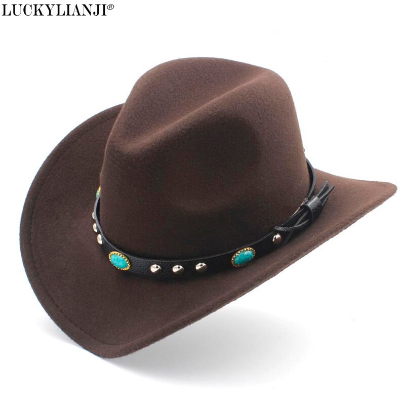 LUCKYLIANJI Wool Felt Western Cowboy Hat For Kid Child Wide Brim Cowgirl Kallaite Braid Leather Band (Size:54cm,Adjust Rope)