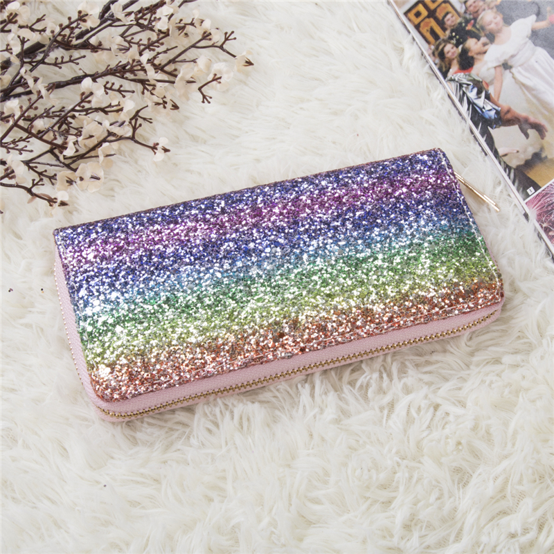 Moda kadın tasarımcı stil Glitter uzun çanta kızlar Sparkly pullu cüzdan