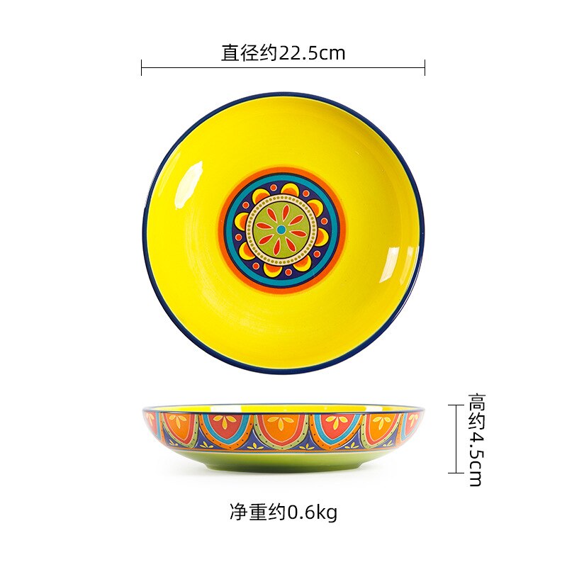 Série latine bols à salade en céramique créatifs, plats occidentaux peints à la main, bols à riz maison sous glaçure, ensemble d'assiettes à nouilles: 9 inch plate-green
