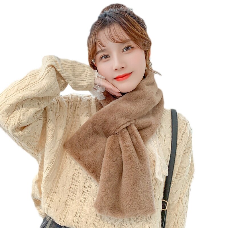 Women Thick Fuzzy Plush Loophole Cross Collar Scarf Solid Color Neck Wrap Shrug: khaki