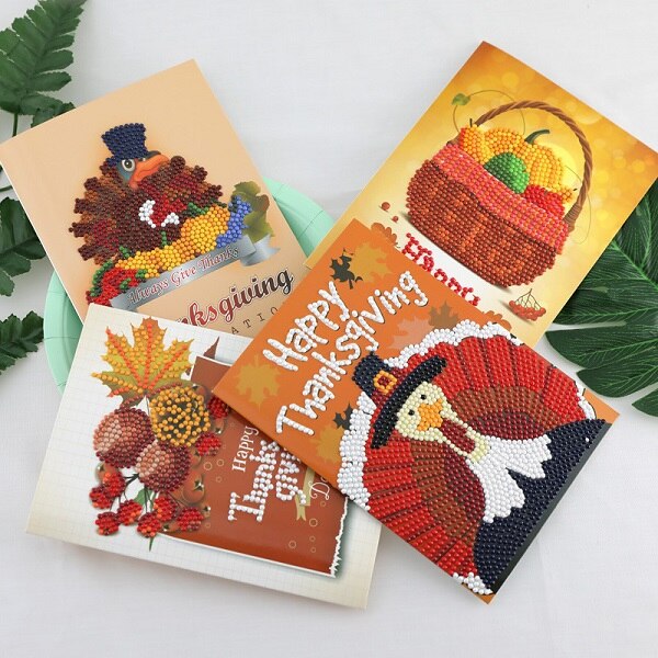 Thanksgiving Diamond Painting Greeting Cards Cartoon Full Round Greeting Card Xmas Home Decoration: 4 Pcs