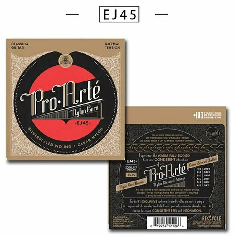 Cordes de guitare classique EJ45, noyau en nylon plaqué argent, ton clair et brillant, jeu fluide, Tension moyenne pour débutants et professionnels