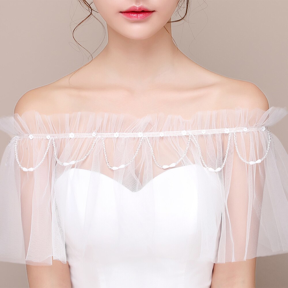 Scialle da sposa con scollo a barchetta in avorio da donna elegante scialle con volant in rilievo con nastro e nappa Sexy Tulle trasparente con stola sulla spalla