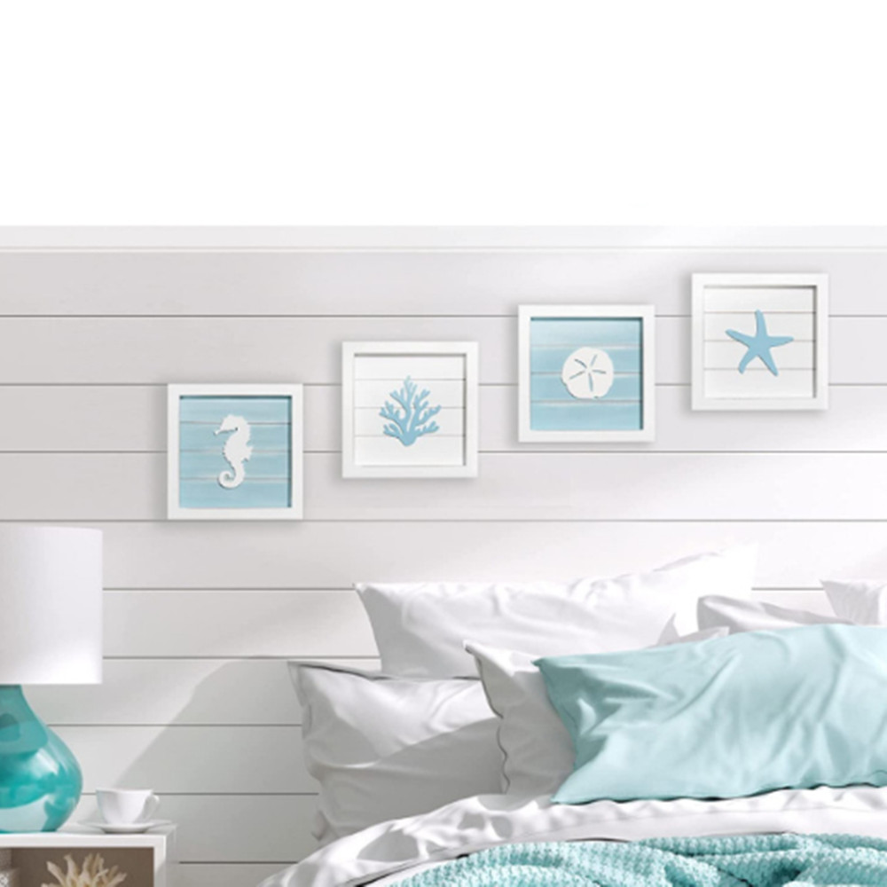 Seashells Wall Art Rustic Beach House Bathroom Wall Beach Decorations for Home,Ocean Theme Beach Bathroom Decor for Bedroom