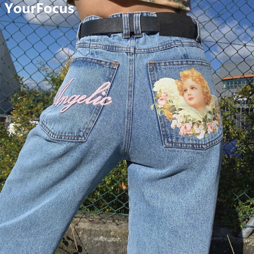 Retro denim løse mom jeans  y2k bukser lomme engel print baby blå høy midje bukser dame pantalon