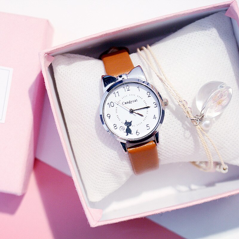 Miss chat noir montre à Quartz femmes bracelet en cuir décontracté montres filles mignon chat cadran forme rose montre-bracelet: Brown