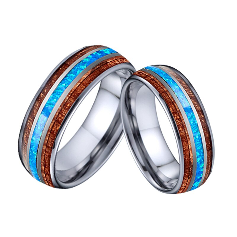 Liefdesallianties blauwe opaal wolfraamcarbide sieraden usa stijl 8mm carbide koa hout paar trouwringen voor mannen en vrouwen