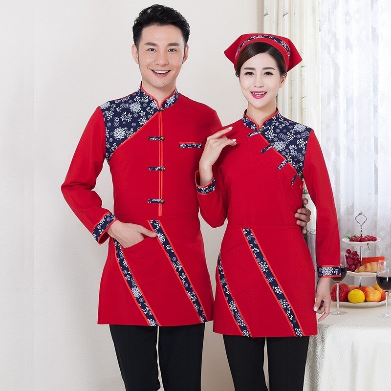 Featured Hotel Restaurant Farmhouse Waiter Uniforms Chinese Style Waitress Working Uniform Long Sleeve Overall Uniform