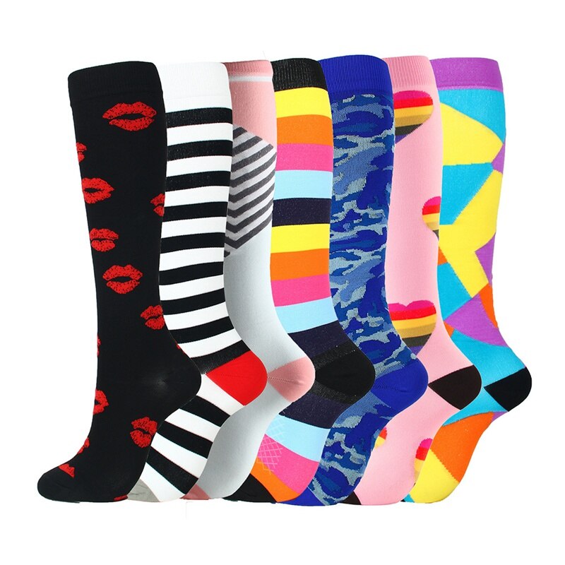 7 Stks/set Compressie Sokken Rijkelijk Kleurrijke Kit Knie Hoge Polyester Nylon Gedrukt Kousen Schoeisel Outdoor Sport Casual Sokken: B / L/xl