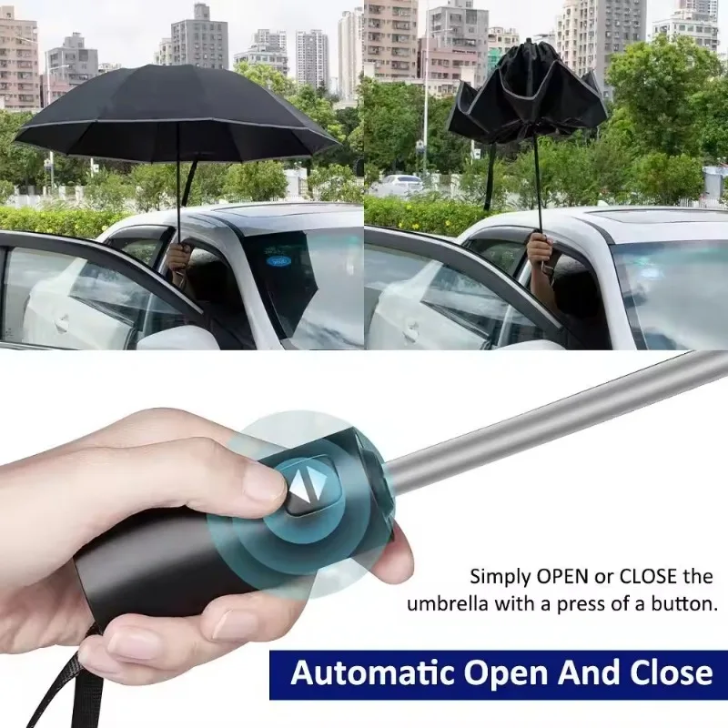 Paraguas totalmente automático para hombre y mujer, sombrilla plegable inversa con rayas reflectantes a prueba de viento y rayos UV