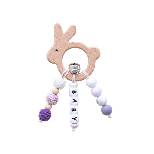 1pc Del bambino Sonaglio tamburo di Legno di Faggio Animale Del Fumetto Giocattoli silicone Massaggiagengive per I Denti Perline Personalizzati Nome Del bambino Fatti A Mano Dentizione Giocattoli: coniglio
