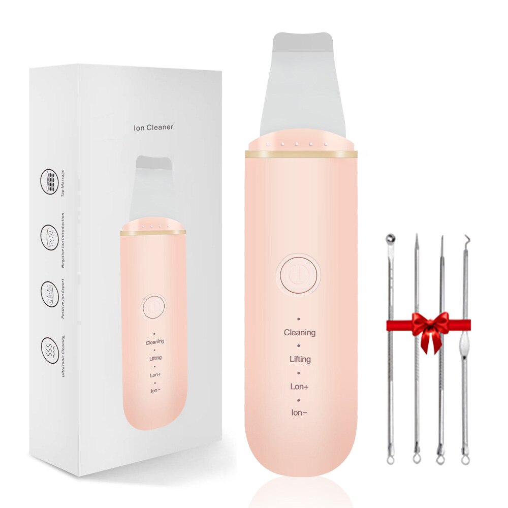 Épurateur de peau à ultrasons nettoyeur de pores pelle à éplucher visage nettoyage de la peau spatule visage grattoir Ion nettoyage vibreur visage épurateur: Pink with box
