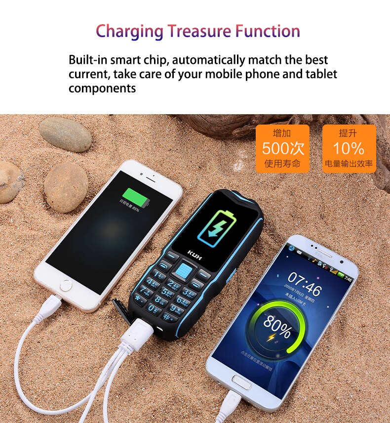 KUH T3 Dual Flashlight Power Bank Rugged Cellphone Big voice Outdoor Shockproof Mobile Phone 13800mAh 2.4 Inch Quick Dial Phone