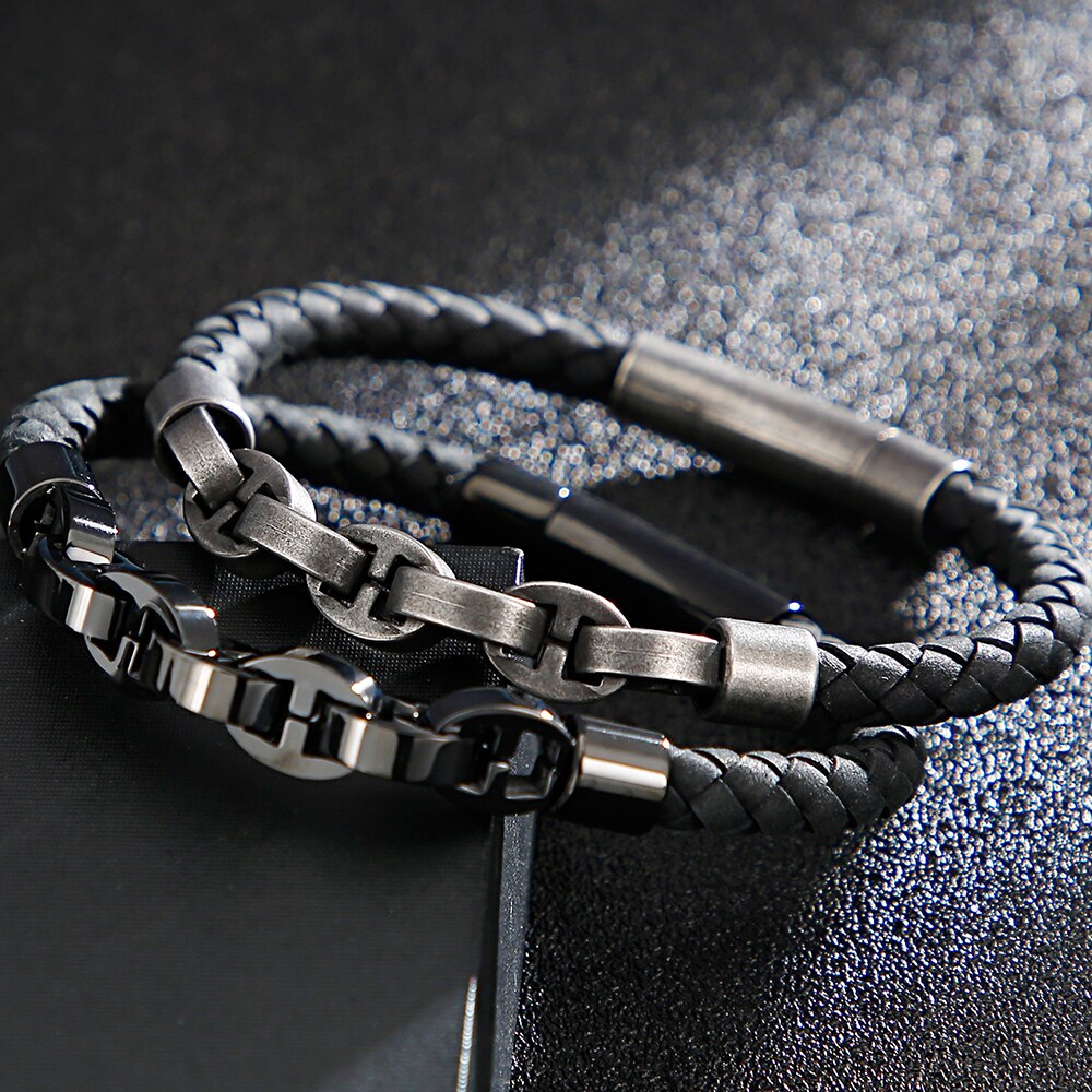 6MM Wide Braided Woven Leather Bracelet Men Stainless Steel Mens Jewellery Male Bracelets Rope Chain Birthday For Boyfriend