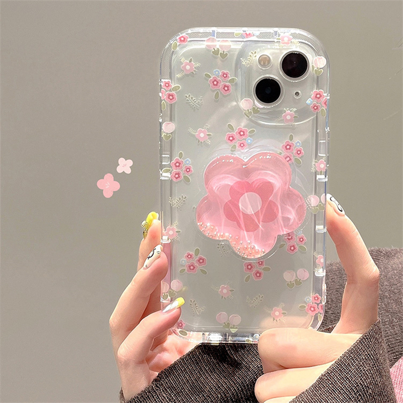 Funda de teléfono con soporte de flor rosa y arena movediza para iPhone 16 15 14 13 12 11 Pro Max XR X XS 7 8 Plus, funda suave transparente con soporte Floral: Microfibra