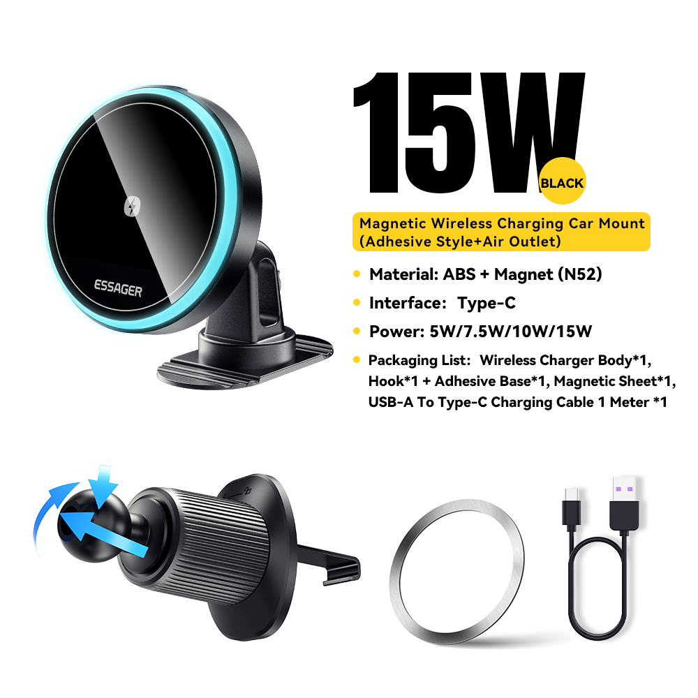 Magnetyczny uchwyt samochodowy Essager na telefon 15W Bezprzewodowa ładowarka do iPhone'a 15 14 13 Pro Max Ładowarka samochodowa do Magsafe LED Light: Pomarańczowy