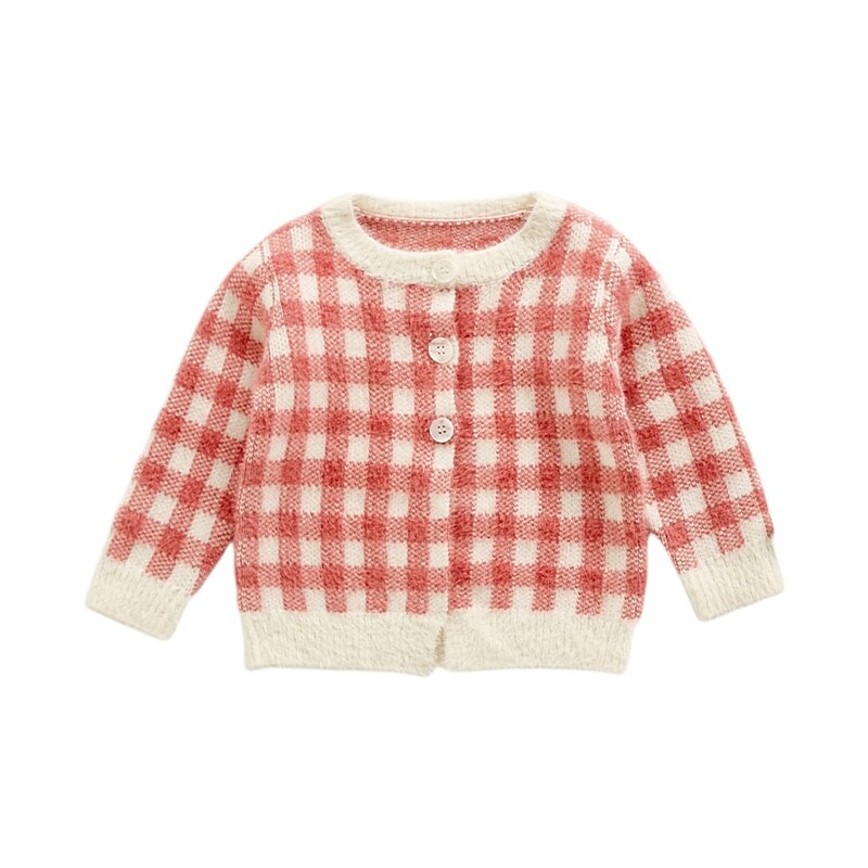 0-24M Baby Meisjes Romper Vest Roze Plaid Jarretel Bodysuit Lange Mouw Knop Jas Gebreide Trui Kleding Voor pasgeborenen: Cardigans / 12m