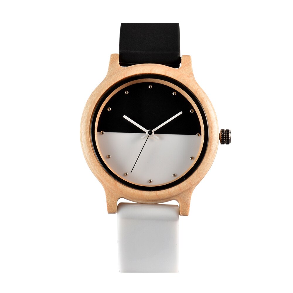 Criativo dois-cor costura relógio de madeira para homem feminino moda doce cor silicone relógio de pulso senhoras quartzo relojes hombre: black white