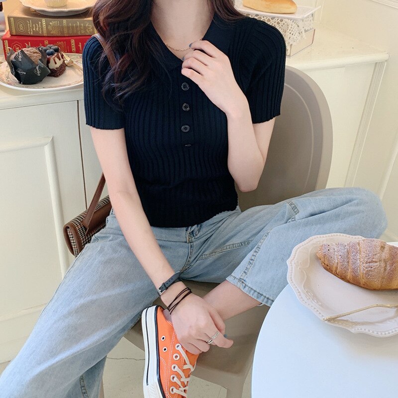 Women Polo Shirt Knit Women Shirts Ribbed Polo Shirt: black
