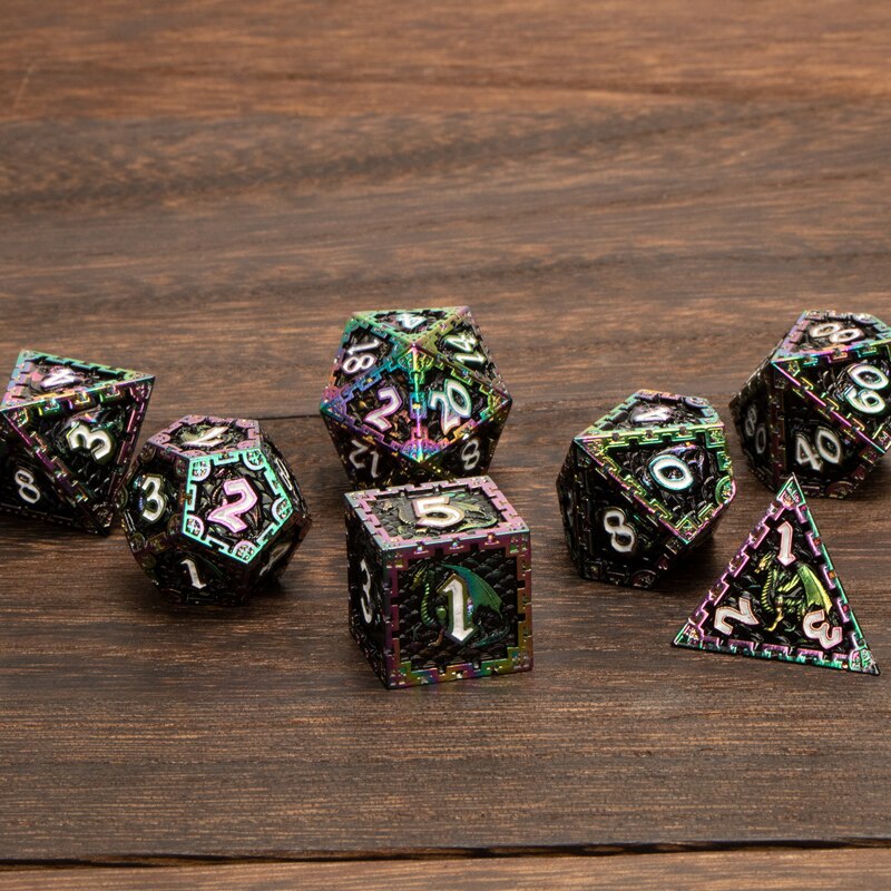 Set di dadi Dnd arcobaleno nero 7 pezzi RPG D &amp; D D + D dadi in metallo poliedrico prigione e drago D20 D12 D10 D % D8 D6 D4 gioco di ruolo