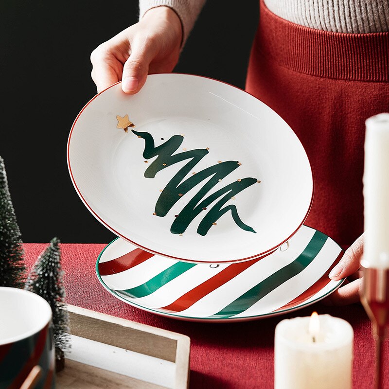 Juego de platos y cuencos de cerámica para Navidad, taza de café, cocina, fruta, ensalada, sushi, plato de postre, juego de vajilla, bandejas decorativas