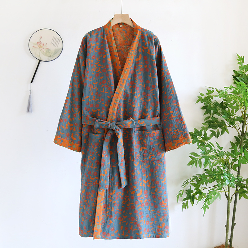 Batas de algodón puro para mujer, albornoz de manga 3/4 para primavera y otoño, batas de mañana estampadas para mujer, ropa holgada para el hogar, batas para dormir: M / Azul