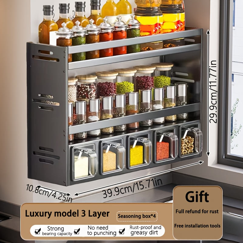 Estante de especias de cocina, organizador de almacenamiento montado en la pared para uso doméstico, juego de contenedores de condimentos multifuncional, no requiere perforación: Níquel negro