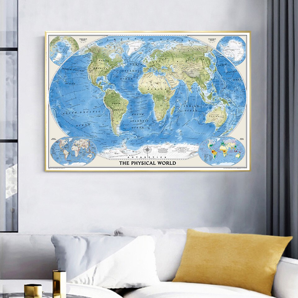 225*150 cm verdenskortet med verdens tektonik og klima stor plakat non-woven lærred maleri hjem dekoration skoleartikler