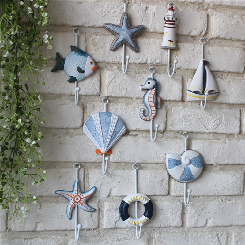 Mediterrane stijl haken creatieve houten zee dier kapstokken muur opknoping zee ornamenten