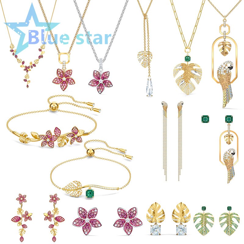 Swarovskis Original 1:1 tropisch Ahorn Blatt und Papagei Sammlung einstellen Schmuck einstellen Halskette und Armbinde Damen