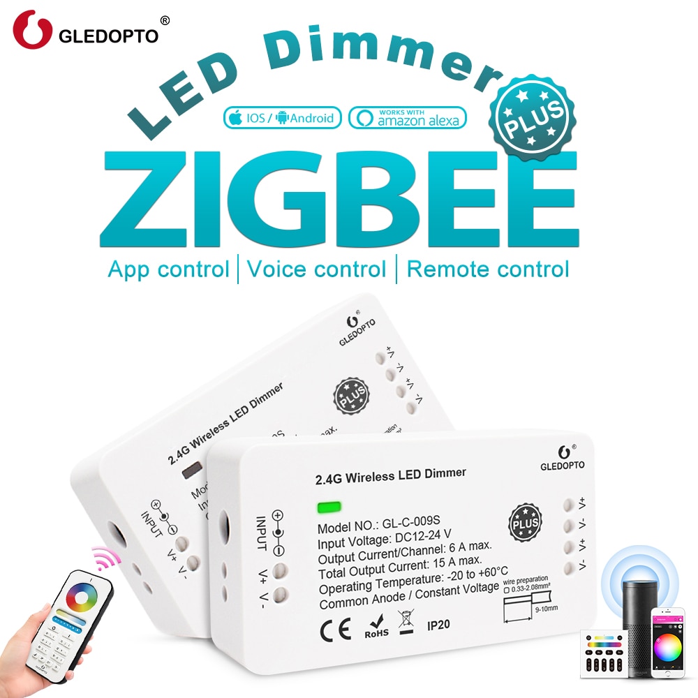 Gledopto Smart Zigbee LED Dimmer Strip Controller, Brightness adjustable Work with zigbee hub App control/ Voice Control/ Remote
