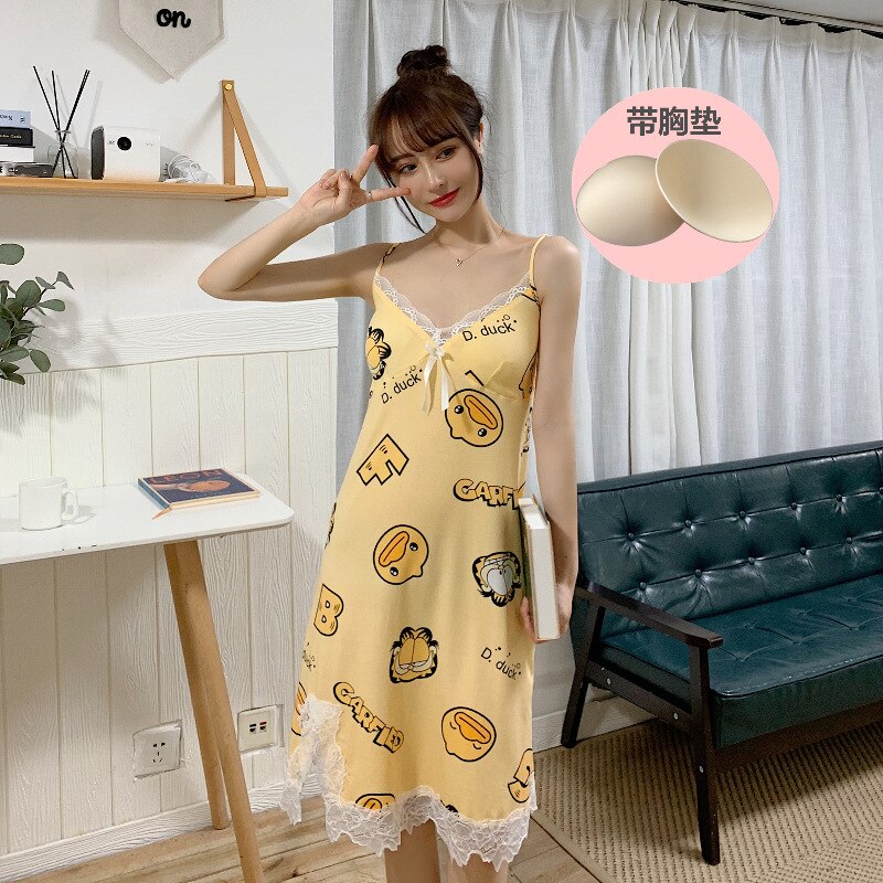 Sling Rok + Bh Nachtjapon Vrouwelijke Zomer Kant Sexy Nachtjapon Vrouwen Nachtkleding Koreaanse Homewear Nachtkleding Slaap Tops Cartoon: YQM988-5Yellow duck / Xxl