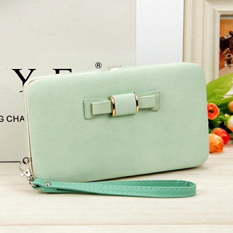 Baellerry Wallet Women Metal Frame Snap Button Coin Purse Mobile Phone Bag Bow Female Bag Good Support Name Engraving: Light Green