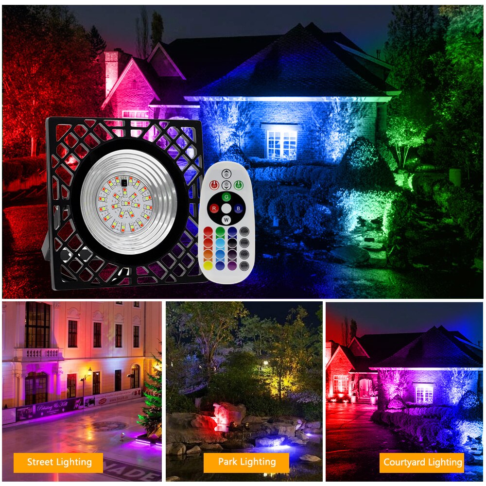 RGB LED Floodlight With Remote Control AC220V Outdoor Lighting IP66 Waterproof Led Spotlight Projector Streetlight Street Lamp