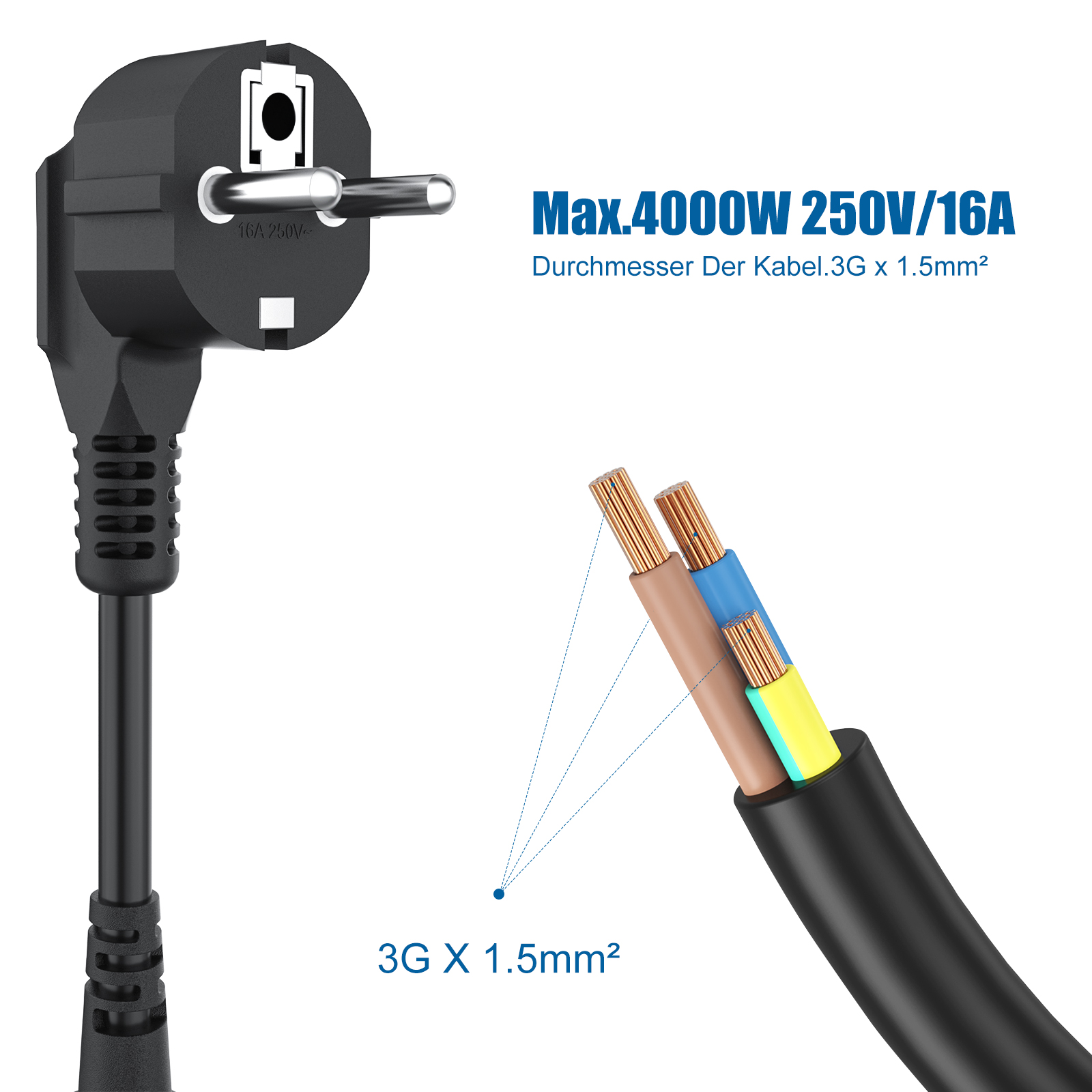 EU European Power Extension Cord with 3 AC Schuko Socket 250 V/16A Supply Electric Cable Triple Plug Adapter For Computer Home