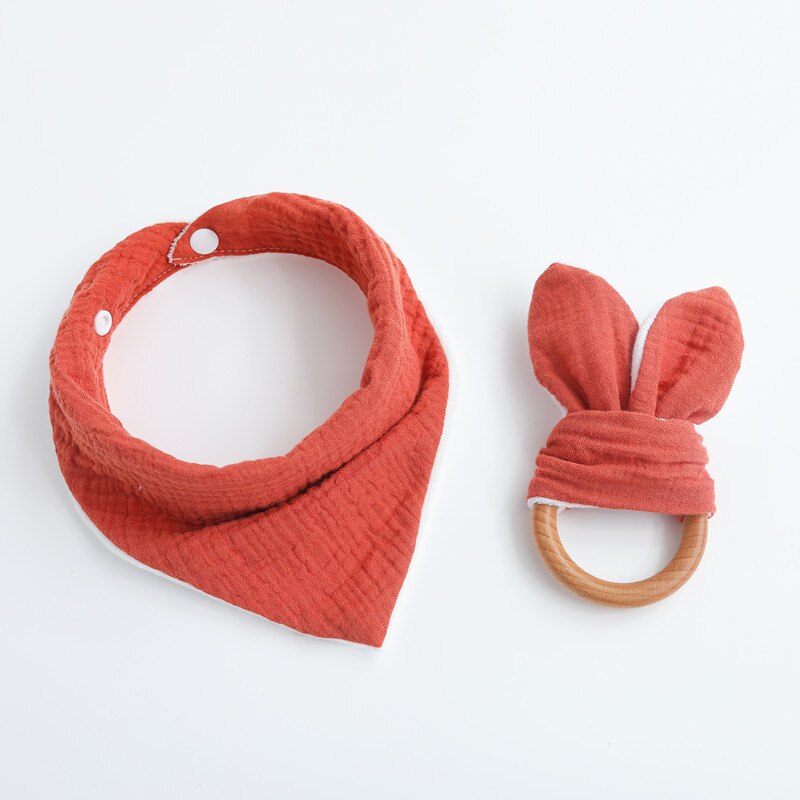 2 Stks/set Baby Jongen Meisje Driehoekige Sjaal Speeksel Tissue Molars Ring Houten Bijtring Set Katoenen Mousseline Slabbetjes Effen Kleur Burp doek: reddle